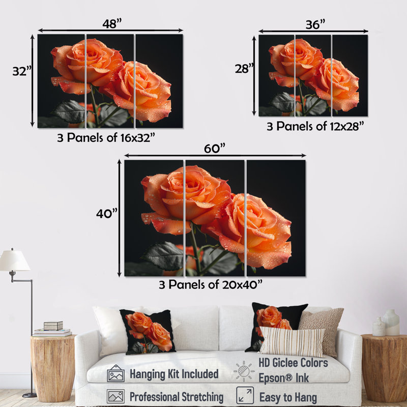 Glamour Glow Orange Roses On Black II - ensemble d'art mural roses, Toile tendue, H 28 po x l 36 po x P 1 po