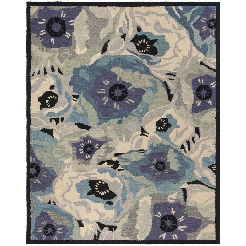 Tapis bleu / gris / beige en laine touffeté à la main Floral, Rectangle 8 pi x 10 pi