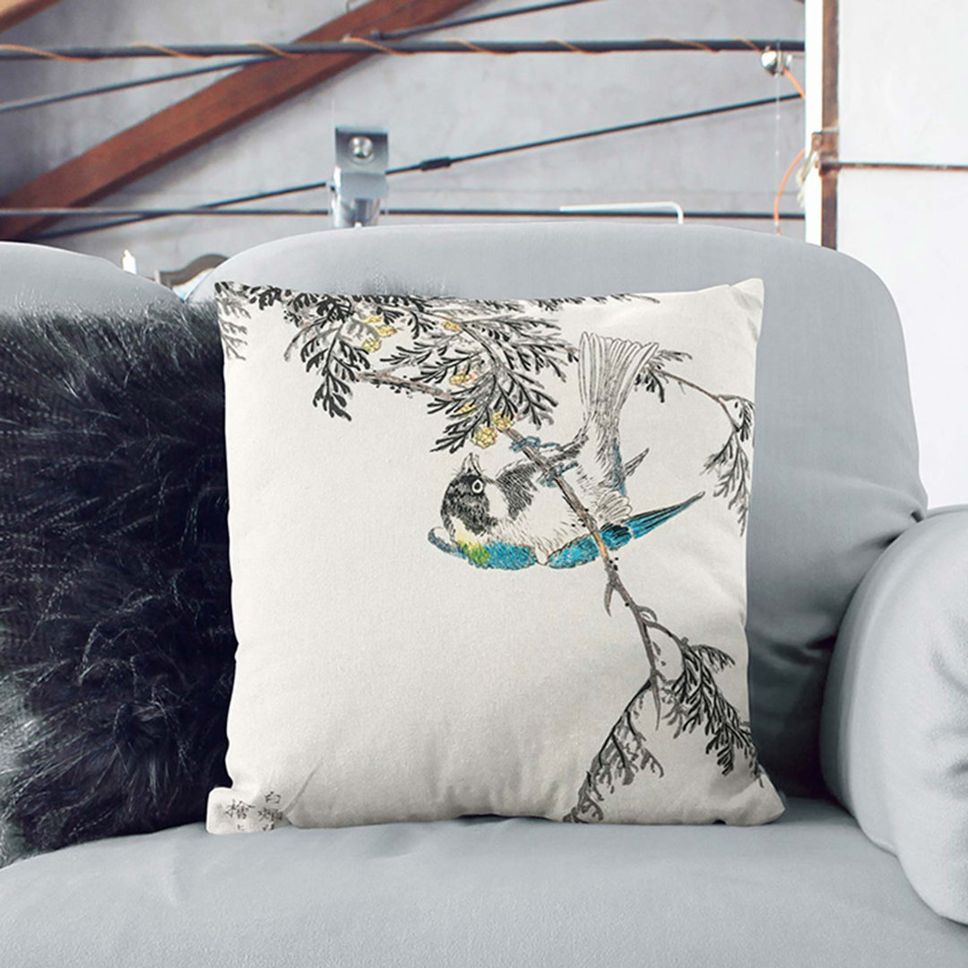 Great Tit Bird on a Cypress Tree by Numata Kashu Cushion with Filling