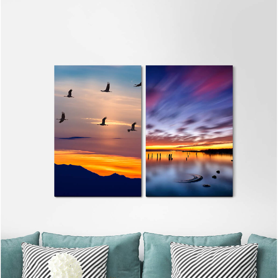 2-tlg. Leinwandbilder-Set - Fotografie „Horizon Cranes Birds Sky Evening Red Mountains Sunset”