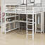 Lit mezzanine moderne en métal avec garde-robe, bureau en L, cubes de rangement et tablettes de rangement ouvertes-863929644