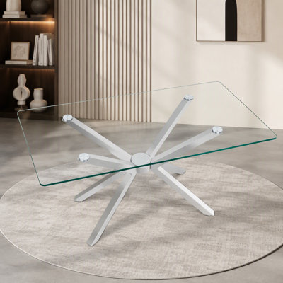 47.24" Rectangular Clear Tempered Glass Dining Table,Stylish Design with silver Metal Legs, Kitchen Table for Dining Room