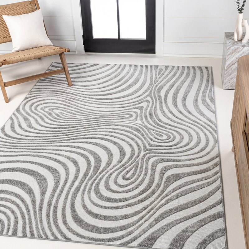 Maribo High-Low Abstract Groovy Striped Gray/Ivory Indoor/Outdoor Rug, Rectangle 9' x 12'