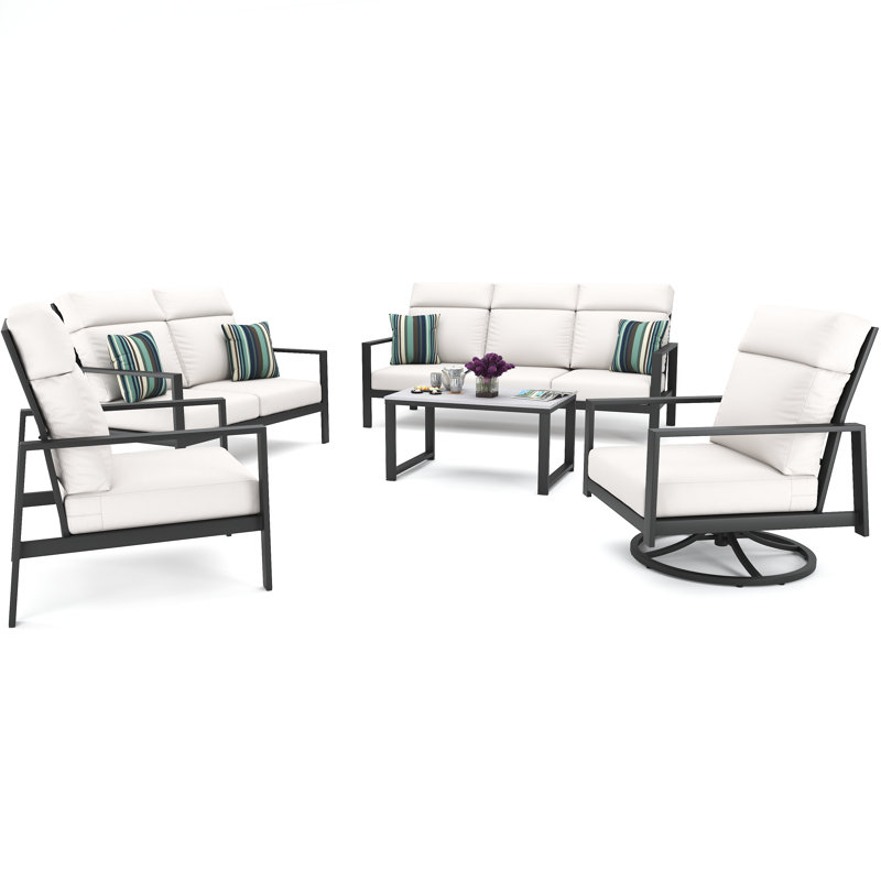 Syren 7 Person Seating Group With Sunbrella Cushions, Dark Gray/White, Canvas White