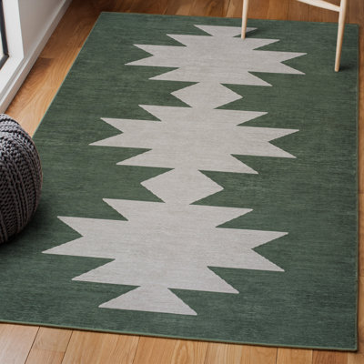 Katriel Minimalist Geometric Machine-Washable Dark Green/Light Gray Rug