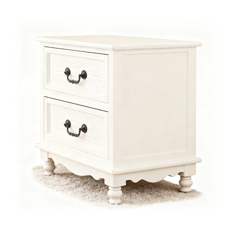 Modern Minimalist Country Style White Solid Wood 2-Drawer Nightstand