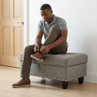 Brown Gray Storage Footstool Decorated With Copper Plated Nails, Wear-resistant Fabric, And Solid Wood Frame