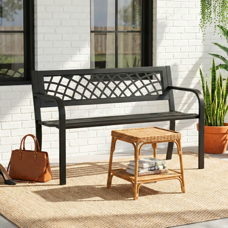 Ruda Garden Bench Outdoor Bench  Rustproof Park Bench Hold Up to 480lbs Heavy-Duty Metal Outdoor Furniture Bench Seat Water Resistant Sturdy Steel Frame Patio Metal Bench with Armrests