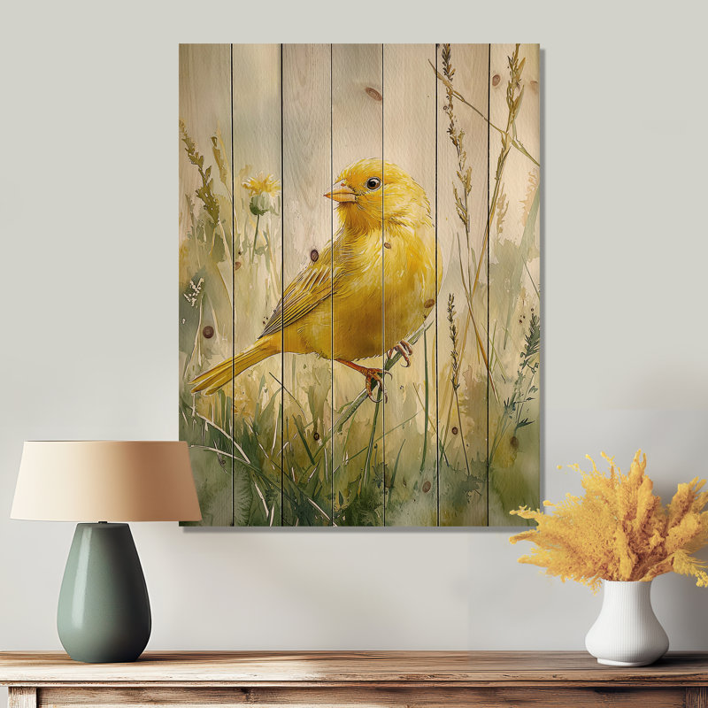 Bird Canary In The Blossoms II - Bird Wood Wall Decor - On Natural Pine Wood, 20" H x 10" W x 0.78" D