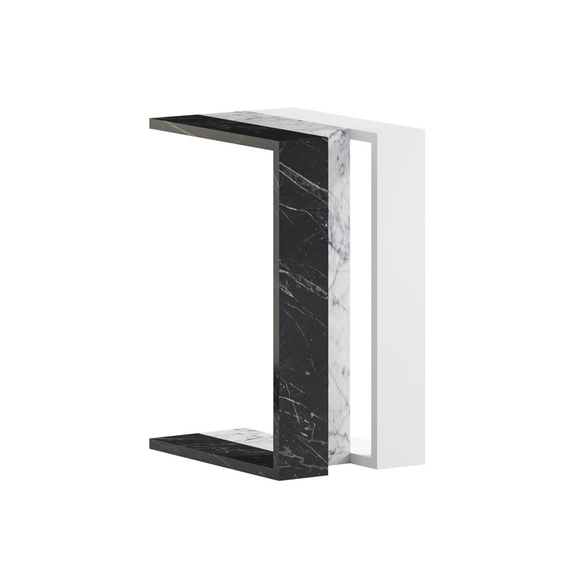 Madelyn Modern Compact C Shape Side Table, Black Marble/White Marble/White