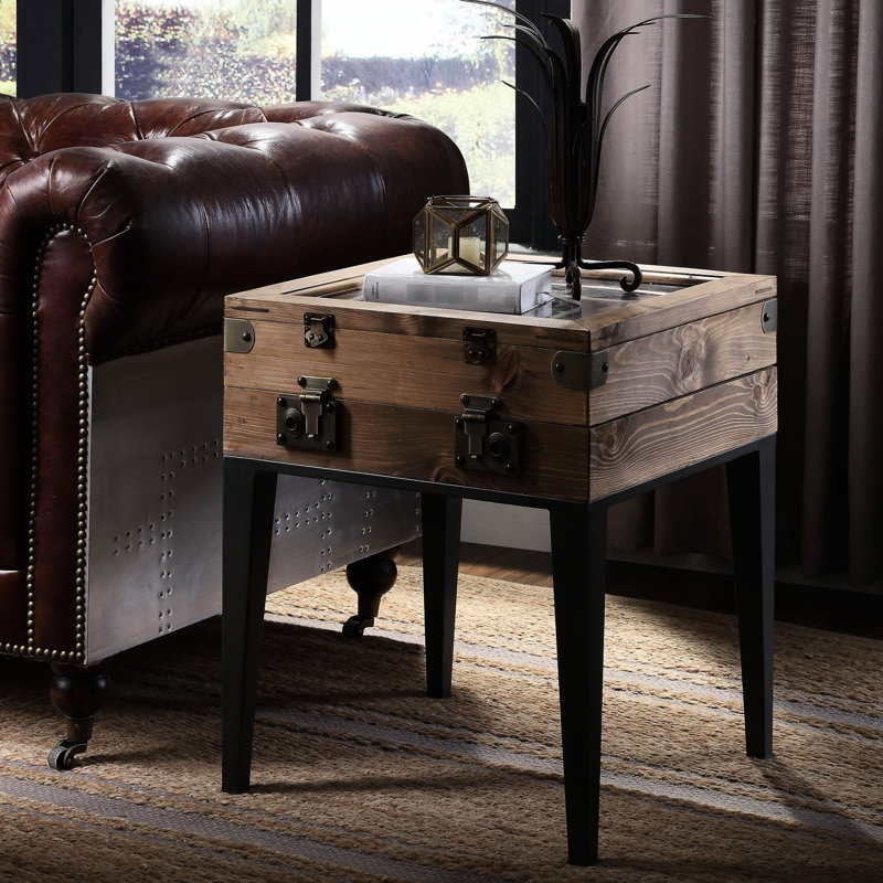Chêne rustique et table d'appoint gris mat, plateau de table carré avec option de rangement pratique, pieds fuselés, deux plateaux à charnières pour un attrait décoratif,