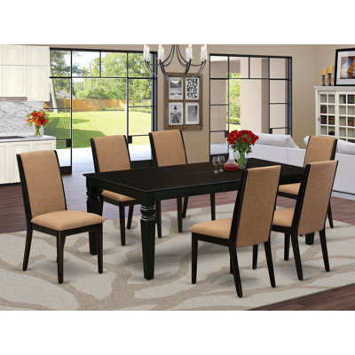 7 Piece Dining Table Set Consist of a Rectangle Wooden Table with Butterfly Leaf and 6 Light Sable Linen Fabric Upholstered Chairs, Black