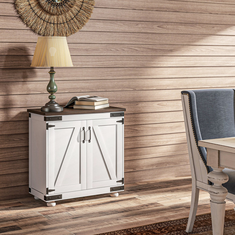Buffet moderne avec porte de grange et tablette réglable, armoire de rangement brun blanc vieilli, l 31,1 po x P 15,4 po H, armoire pour porte de sous-sol