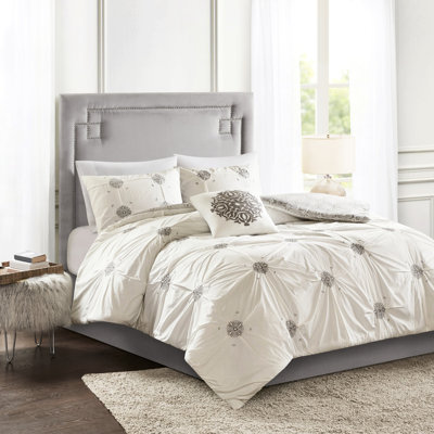 Très grand / très grand lit brodé, literie réversible, tissu de coton et gris, housse de couette 4 médaillons, coton, détail, revers imprimé, collection de literie douce