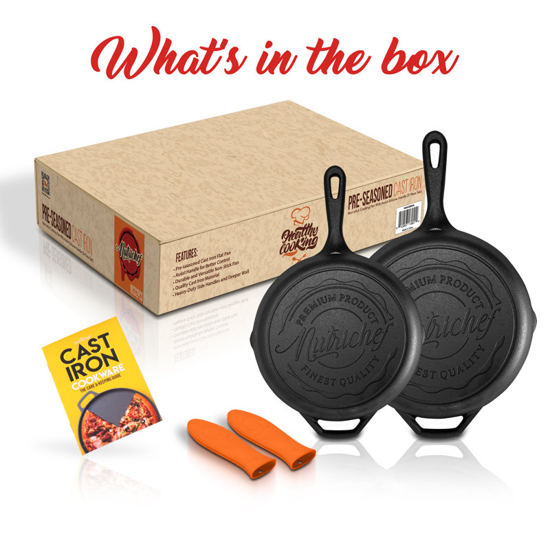 NutriChef 10" & 12" Pre-Seasoned Cast Iron Skillet Set with Silicone Handles