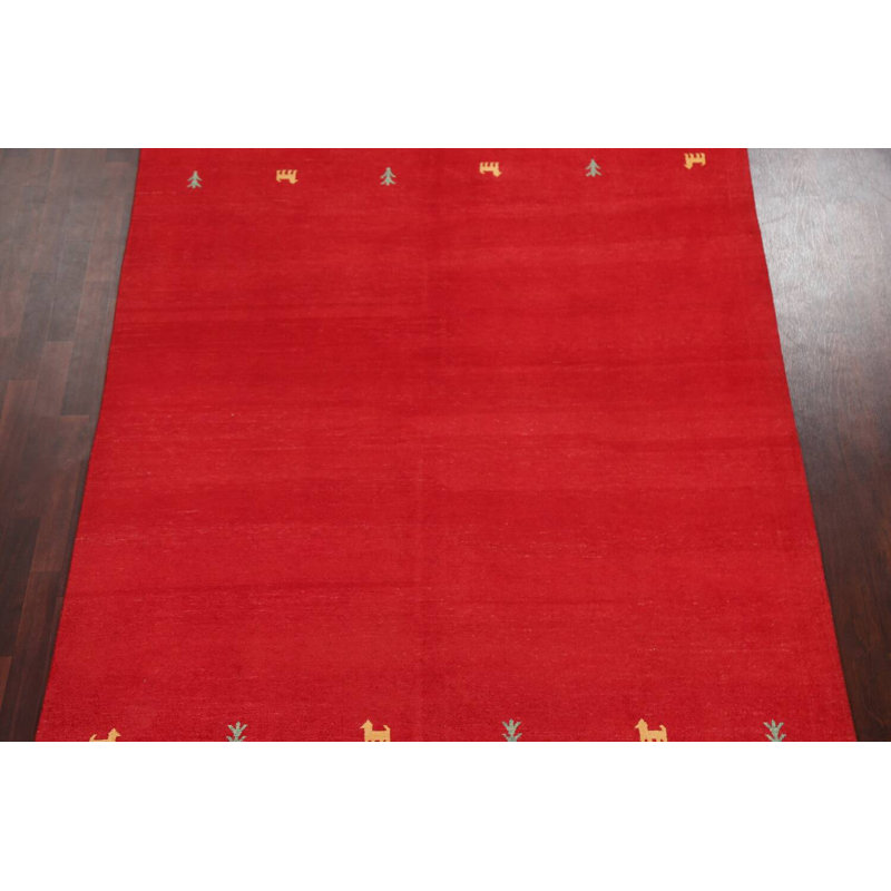 Tapis rouge / or / vert en laine noué à la main de conception unique 6 pi 7 po x 9 pi 9 po Gabbeh Kashkoli