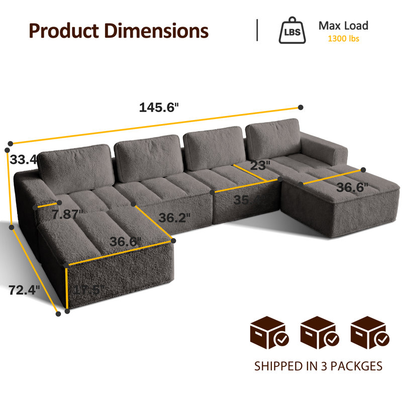 Canapé modulaire convertible de 110 po avec repose-pieds mobile, canapé en nuage moelleux en L, U-Shaped, Grey