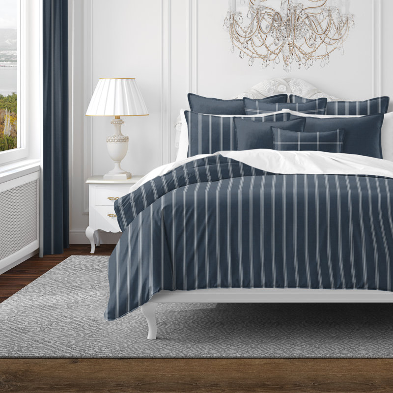 Shay Broad Ticking Stripe Dark Denim Cotton Comforter Set  8 Piece, California King Comforter + 7 Additional Pieces