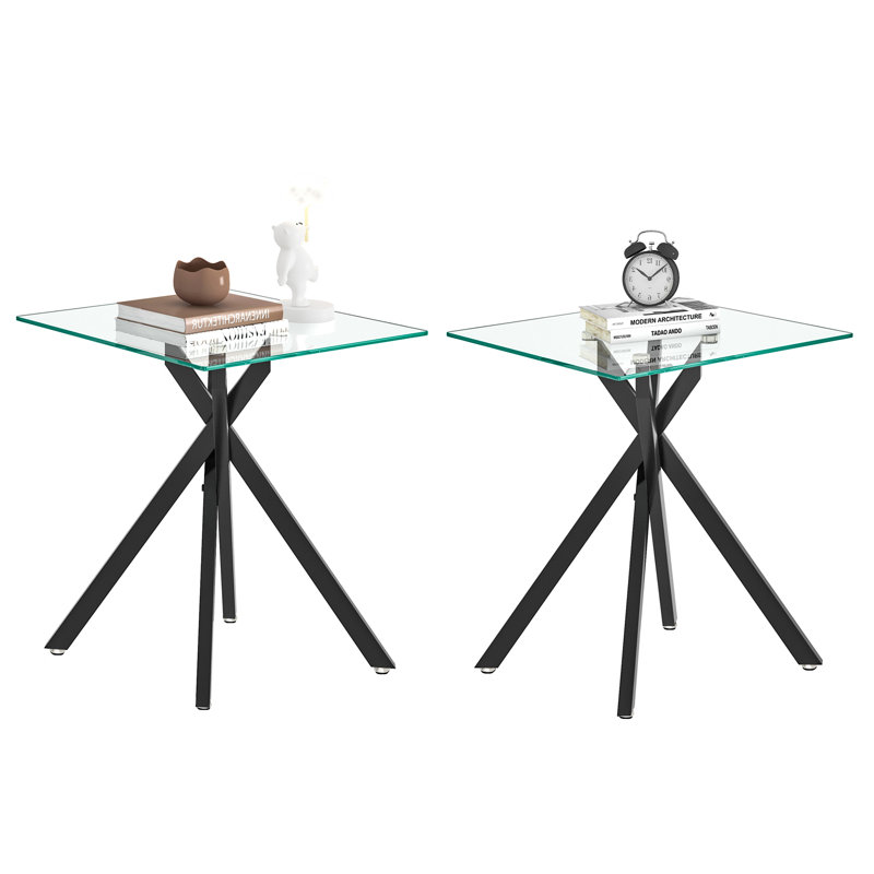 Cheralyn 17.72" Square Glass End Table Set with Cross Metal Legs, Modern Side Table for Living Room, 2 Piece, Black