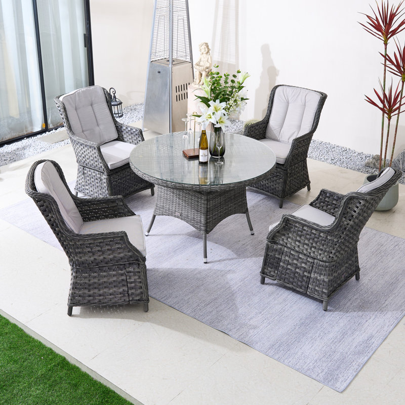 Ensemble repas rond extérieur avec coussins, Gris, 4