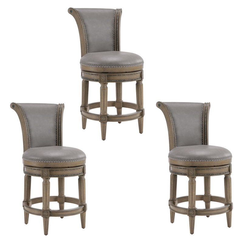 Elveria Classic Upholstered Bar Stools With Wooden Frame And Nailhead Trim, Antique Oak, Light Gray, 3