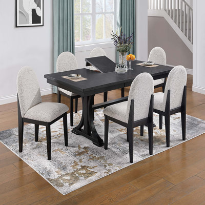 Traditional Look Dining Table And 6x Side Chairs White Finish Fabric Table w Trestle Base Plush Cushion Chair 7pc Dining Set