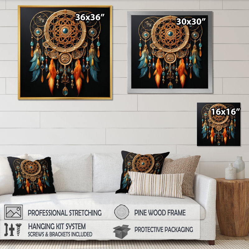 Capteur de rêves dorés - Visions complexes - Imprimé, H 36 po x l 36 po x P 1,5 po, Toile tendue