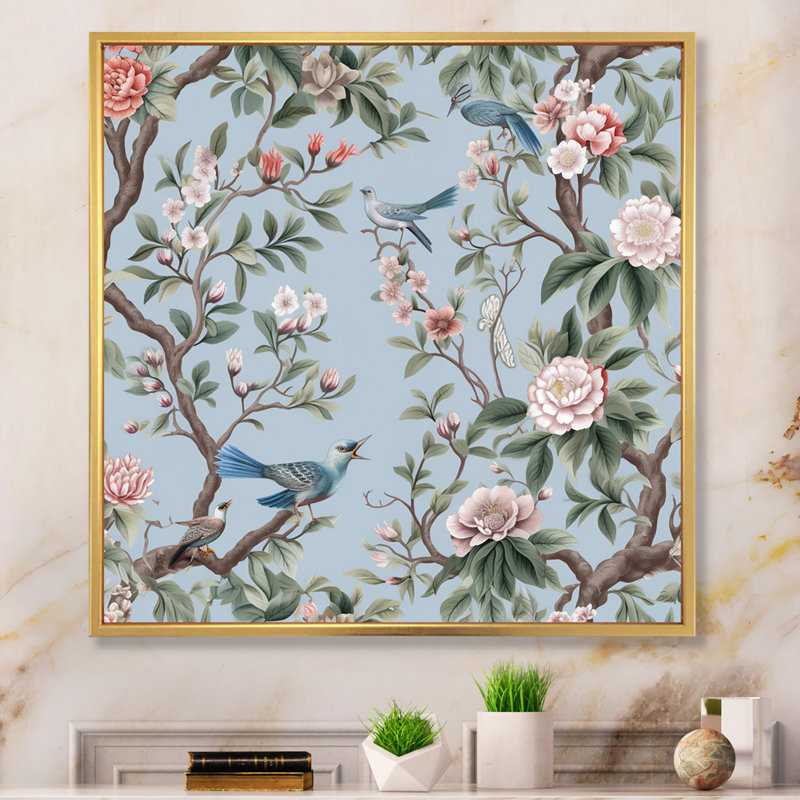 Minimalisme, oiseau sur fleurs VI, impression sur toile, Cadre flottant doré, H 36 po x l 36 po x P 1,5 po