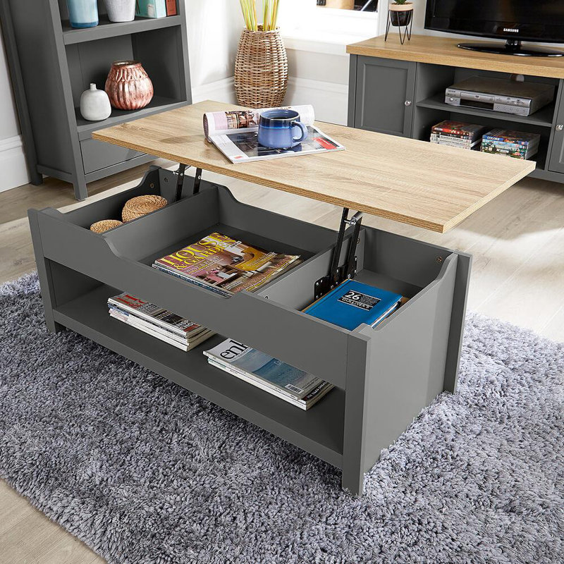 Grey Oak Coffee Table Lift Up Occasional Reception Storage Shelf Avon, Dark Grey