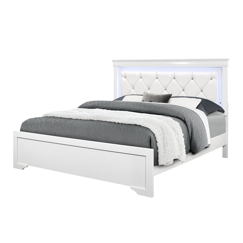Led - Lit double blanc Shaker intégré avec tête de lit rembourrée d'inspiration cristal, motif en échelle aux extrémités, bois massif et maquillage, revêtement en similicuir pour chambre à coucher moderne