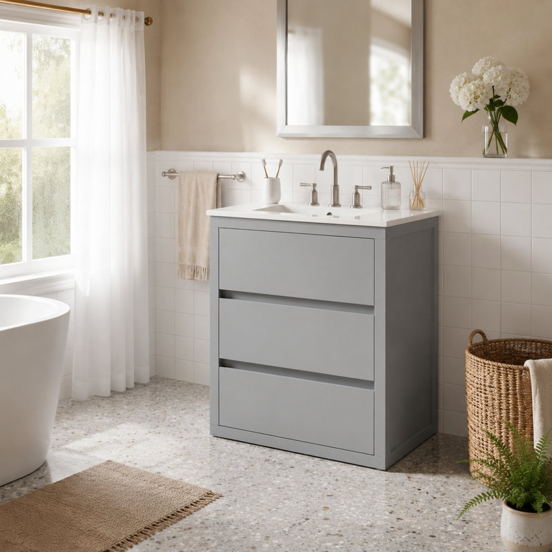 Meuble-lavabo autoportant gris clair mat avec quincaillerie en nickel