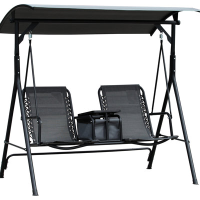 Balancelle de patio pour 2 personnes, auvent extérieur avec bureau de rangement, porte-gobelet, abat-jour réglable, structure en acier, gris, capacité de 528 lb pour 2 adultes, table,