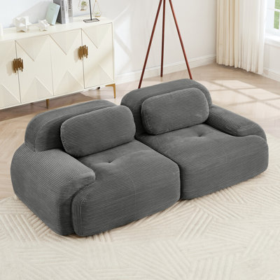 Velours côtelé gris de 82 po avec séparation, courbé, à conception coulissante, pour installation audiovisuelle modulaire, structure, coussins à haute résilience, ambiance