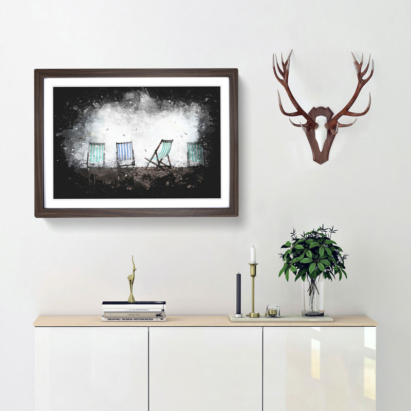 Deckchairs On Brighton Beach Paint Splash - Framed Print, 62cm H x 87cm W x 2cm D, Walnut Framed