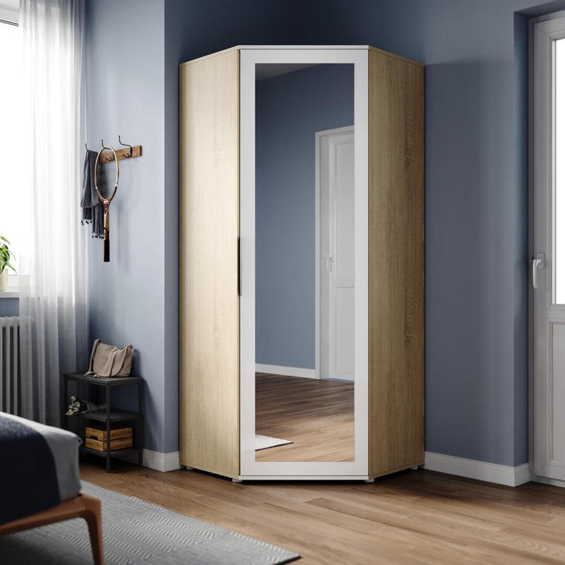 472.44*203.2*203.2CM Modern Corner Wardrobe with High Gloss UV Doors and Mirror,Solid Wood Style, Black/Oak