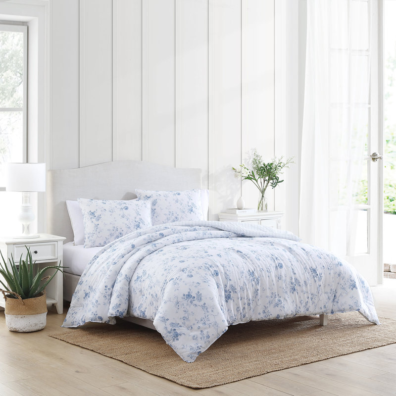 Ensemble d'édredon réversible en coton bleu Laura Ashley Belinda, Édredon pour très grand lit + 2 taies décorativ