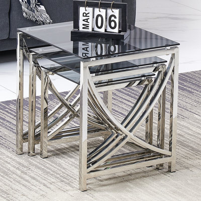 Stainless Steel Nest Of  Tables With Clear Tempered Glass Top Set Of 3 For Living Room(Curve)