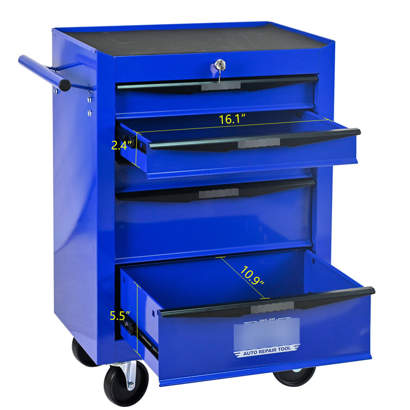 Coffre à outils en métal noir et bleu de 20 po à 5 tiroirs, glissières à roulement, 4 roulettes pivotantes, armoire verrouillable avec rangement pour rangement d'organisation en acier, rangement universel en acier avec frein de stationnement universel, visuel