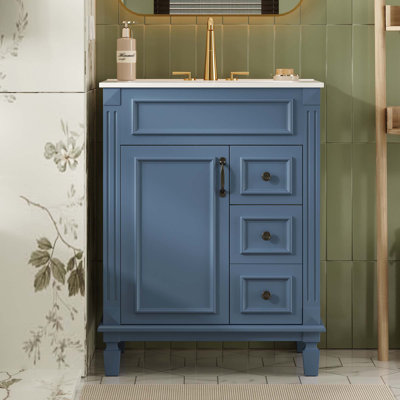 Meuble-lavabo moderne de 24 pouces avec lavabo en céramique, deux tiroirs et tablette réglable pour les petits espaces