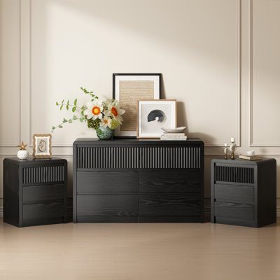 3 Pieces Bedroom Set，6 Drawer Dresser And 2 Nightstands With Large  Storage Cabinet，anti-tipping Devices