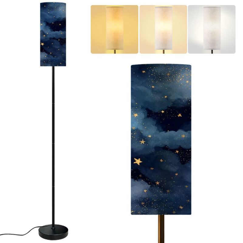  68.5" Standing Floor Lamp dark blue gold foil constellations stars clouds Dimmable Metal Pole Lamp with Linen Lampshade LED Bulb Included