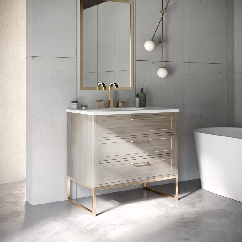 Markham 36'' W Single Vanity, Satin Brass, White Quartz, Cashmere Gray