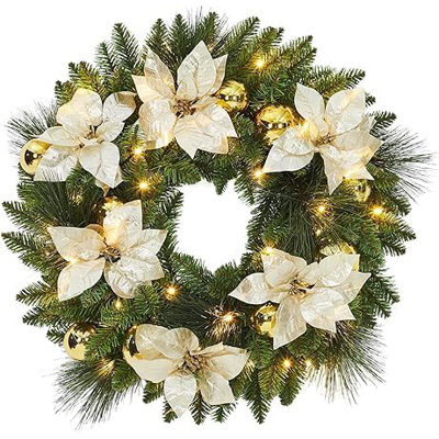 Couronne de Noël artificielle pré-éclairée 24 pouces, couronne de Noël pour l'extérieur avec 50 lumières DEL blanc chaud, pommes de pin, pin givré et baies pour une décoration intérieure et extérieure des Fêtes