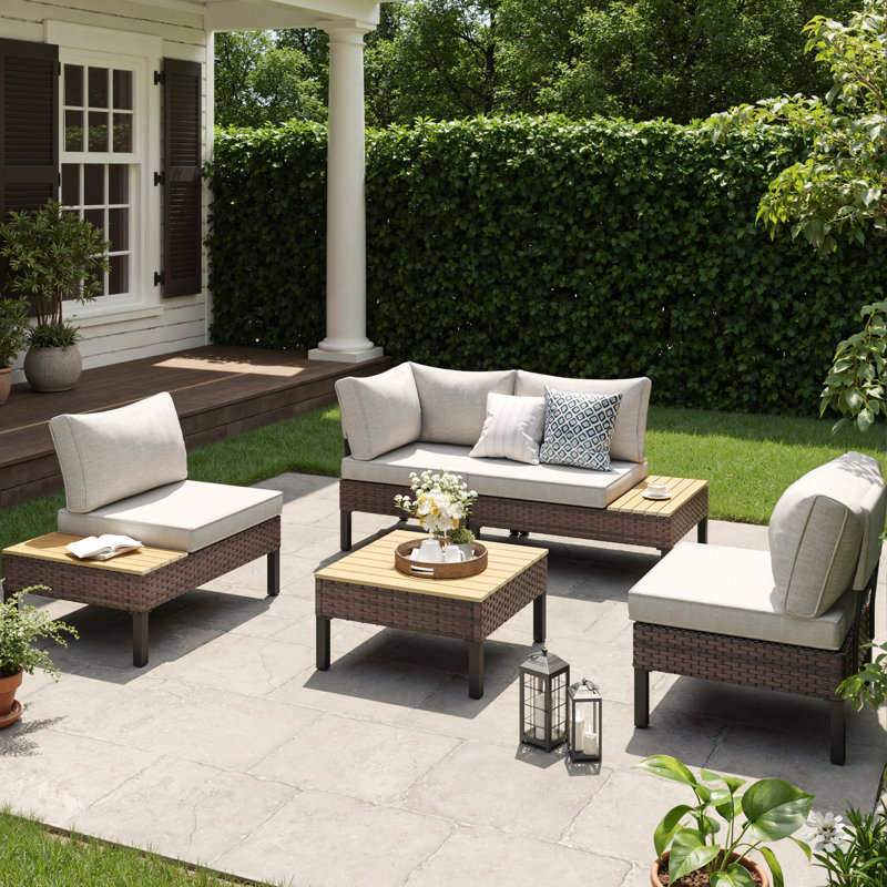 L-Shaped Rattan Outdoor Patio Sofa Set, Beige, 4