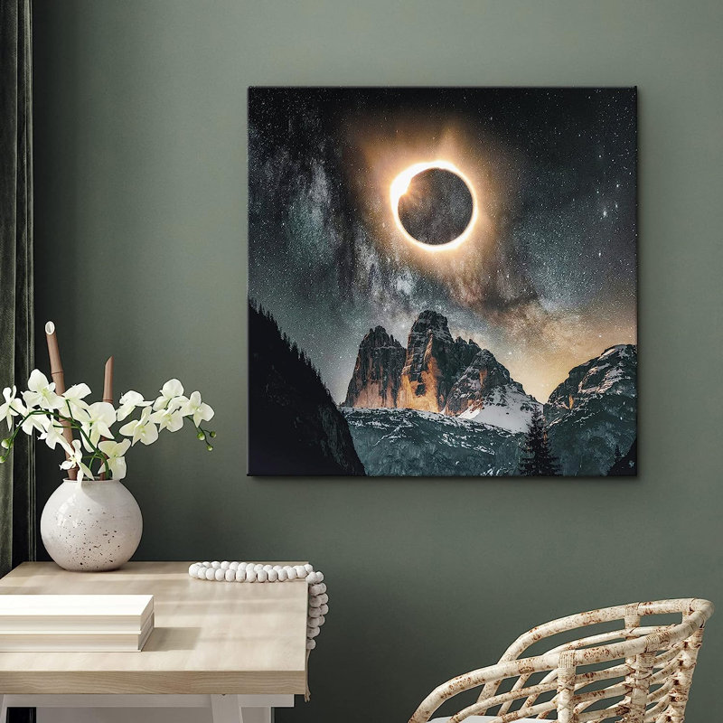 " Solar Eclipse Galaxy Over Snowy Mountains ", 12" H x 12" W x 1.5" D