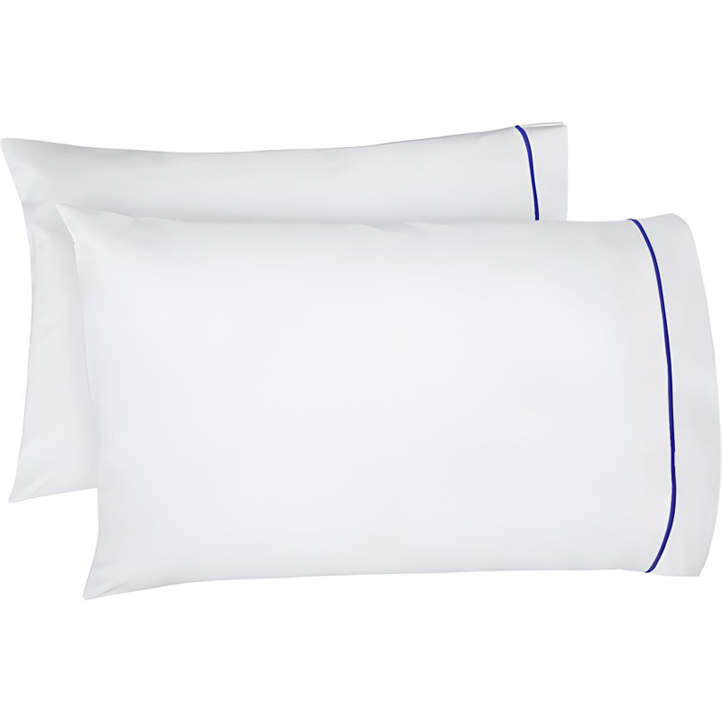 400TC Single Embroidery Cotton Sateen Pillowcases (Set Of 2), White/Navy Blue