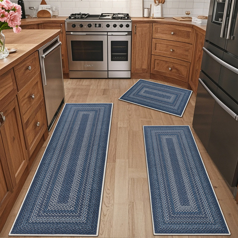Tapis de cuisine lavable à la machine avec envers antidérapant (ensemble de 3), Blue