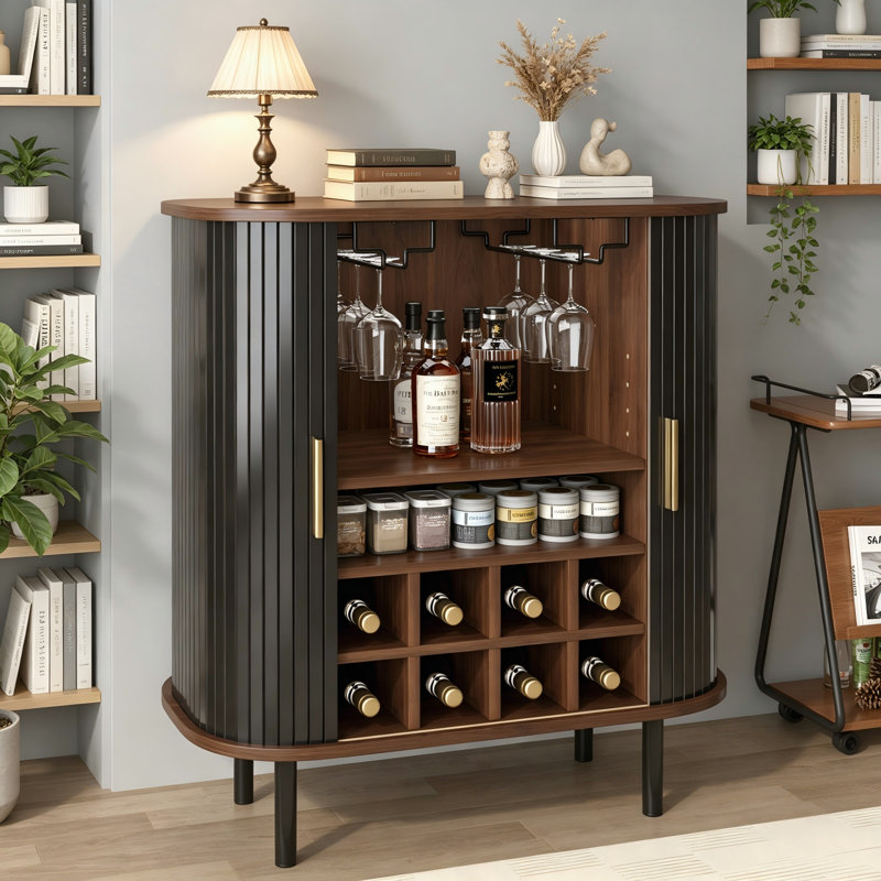 Bar à vin noir cannelé, station de café moderne avec support à vin et porte-verres, Black