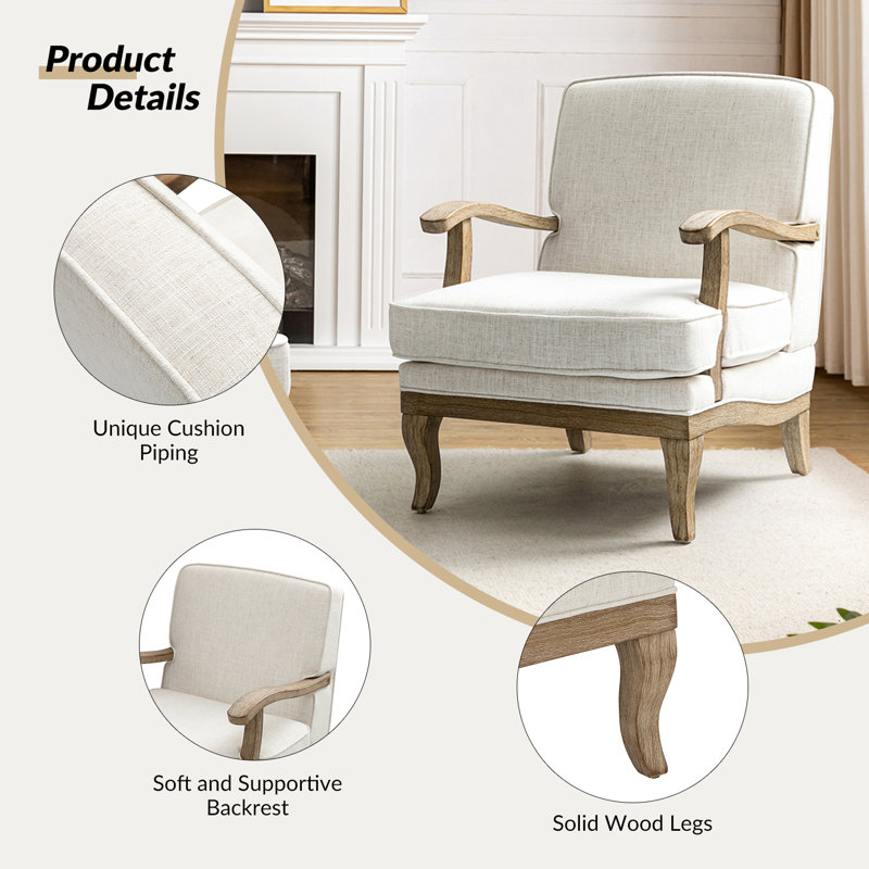 Amilio 71.1cm W Farmhouse Polyester Armchair with Solid Wood Legs, Ivory