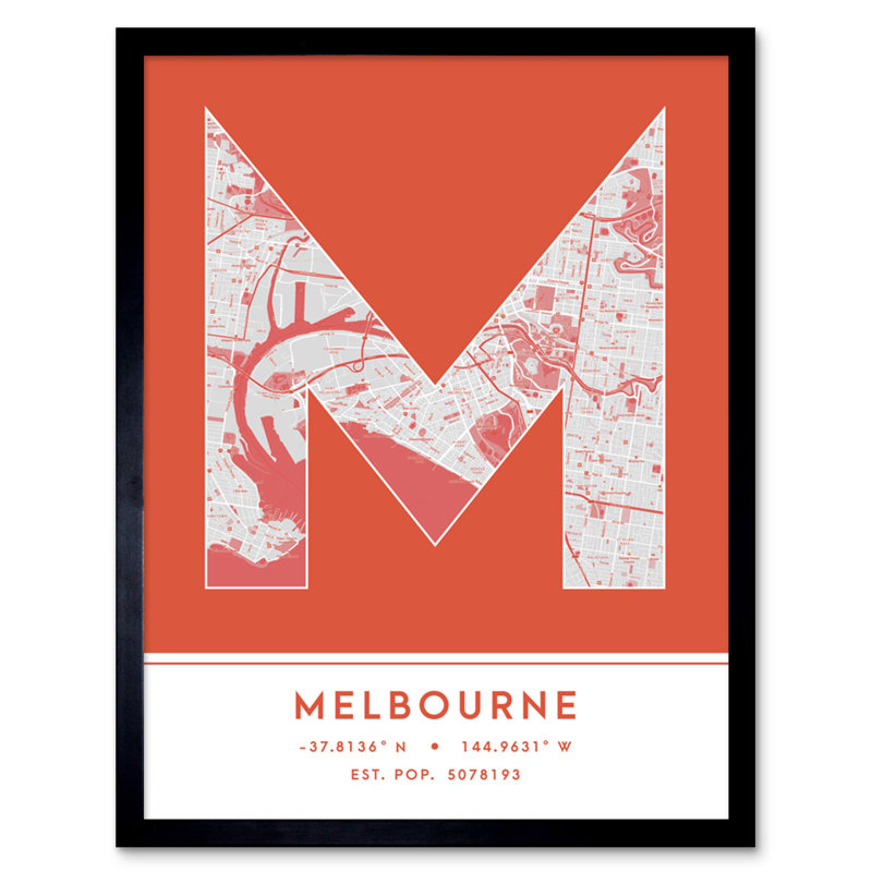 Melbourne City Map Melbourne Orange by Wee Blue Coo - Single Picture Frame Typography